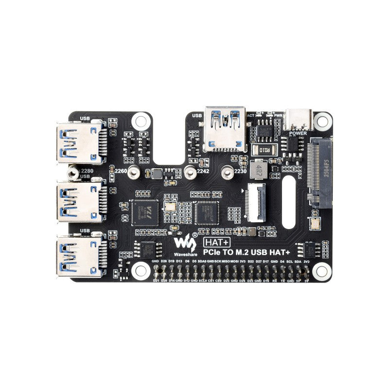 PCIe To USB 3.2 Gen1 And M.2 HAT For Raspberry Pi 5, Supports NVMe Protocol Solid State Drive, Expands 4-Ch USB 3.2 Ports, High-speed Reading / Writing, HAT+ Standard