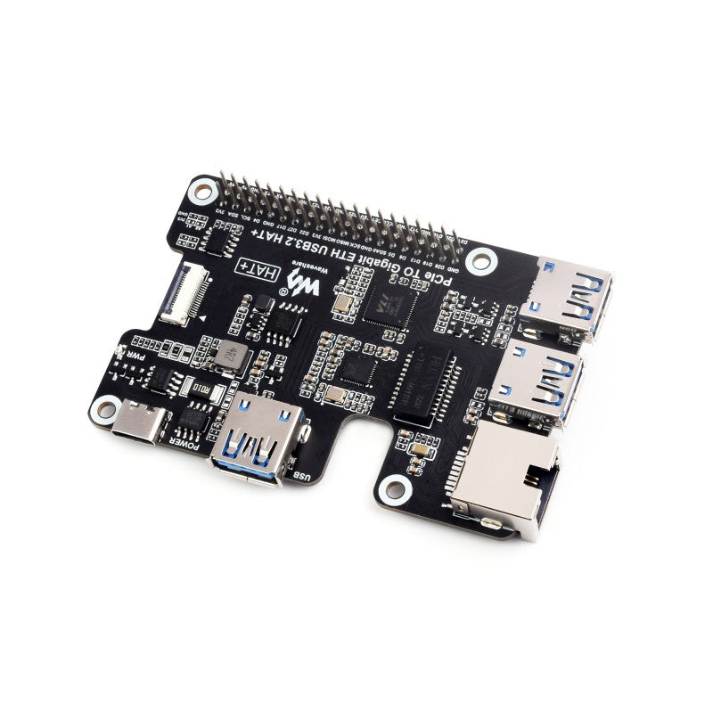 PCIe To Gigabit Ethernet And USB 3.2 Gen1 HAT For Raspberry Pi 5, 3x USB 3.2 Gen1, 1x Gigabit Ethernet, Driver-Free, Plug And Play, Raspberry Pi 5 PCIe HAT