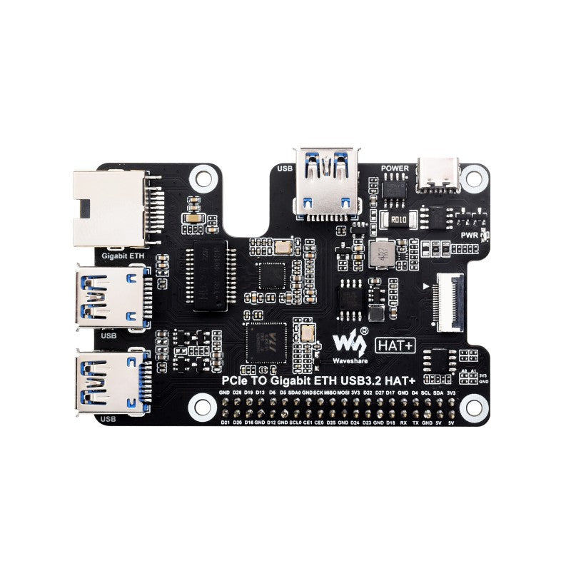 PCIe To Gigabit Ethernet And USB 3.2 Gen1 HAT For Raspberry Pi 5, 3x USB 3.2 Gen1, 1x Gigabit Ethernet, Driver-Free, Plug And Play, Raspberry Pi 5 PCIe HAT
