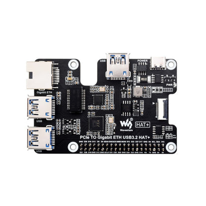PCIe To Gigabit Ethernet And USB 3.2 Gen1 HAT For Raspberry Pi 5, 3x USB 3.2 Gen1, 1x Gigabit Ethernet, Driver-Free, Plug And Play, Raspberry Pi 5 PCIe HAT