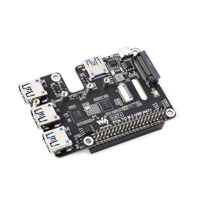 PCIe To USB 3.2 Gen1 And M.2 HAT For Raspberry Pi 5, Supports NVMe Protocol Solid State Drive, Expands 4-Ch USB 3.2 Ports, High-speed Reading / Writing, HAT+ Standard