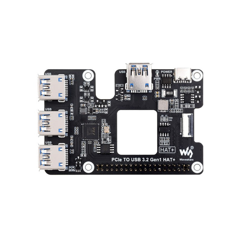 PCIe To USB 3.2 Gen1 HAT for Raspberry Pi 5, PCIe to USB HUB, 4x High Speed USB Ports, driver-free, plug and play, HAT + Standard
