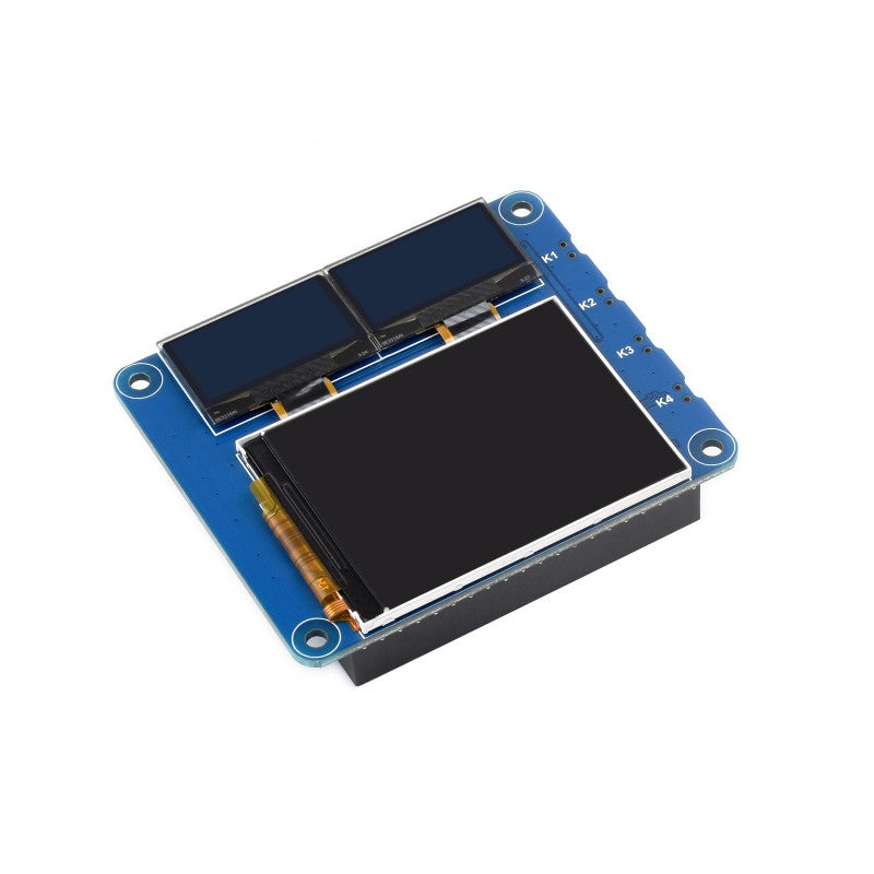 OLED/LCD HAT for Raspberry Pi, Onboard 2inch IPS LCD Main Screen and Dual 0.96inch Blue OLED Secondary Screens