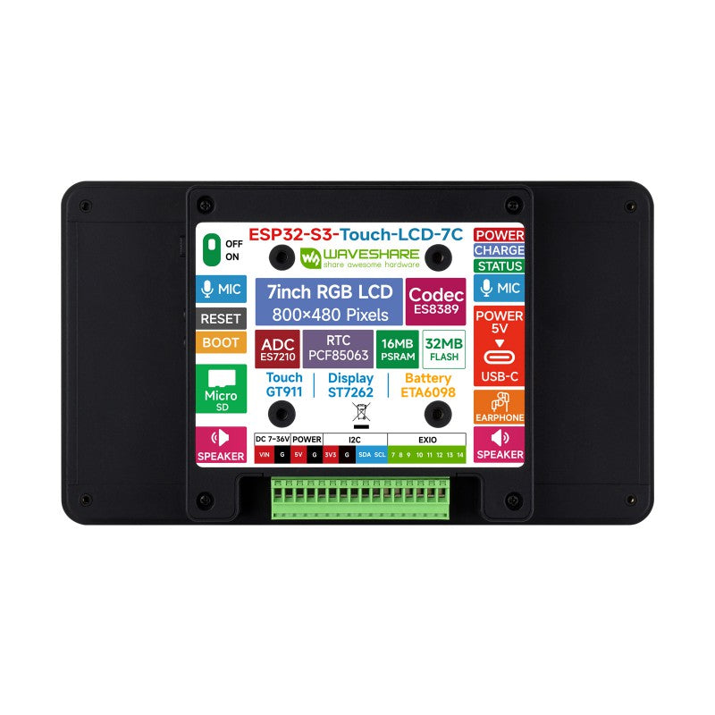 ESP32-S3 7inch AI Voice Touch Display Development Board, 800 × 480 Resolution, 5-Point Touch, IPS Display Panel, Supports 2.4GHz Wi-Fi & BLE 5